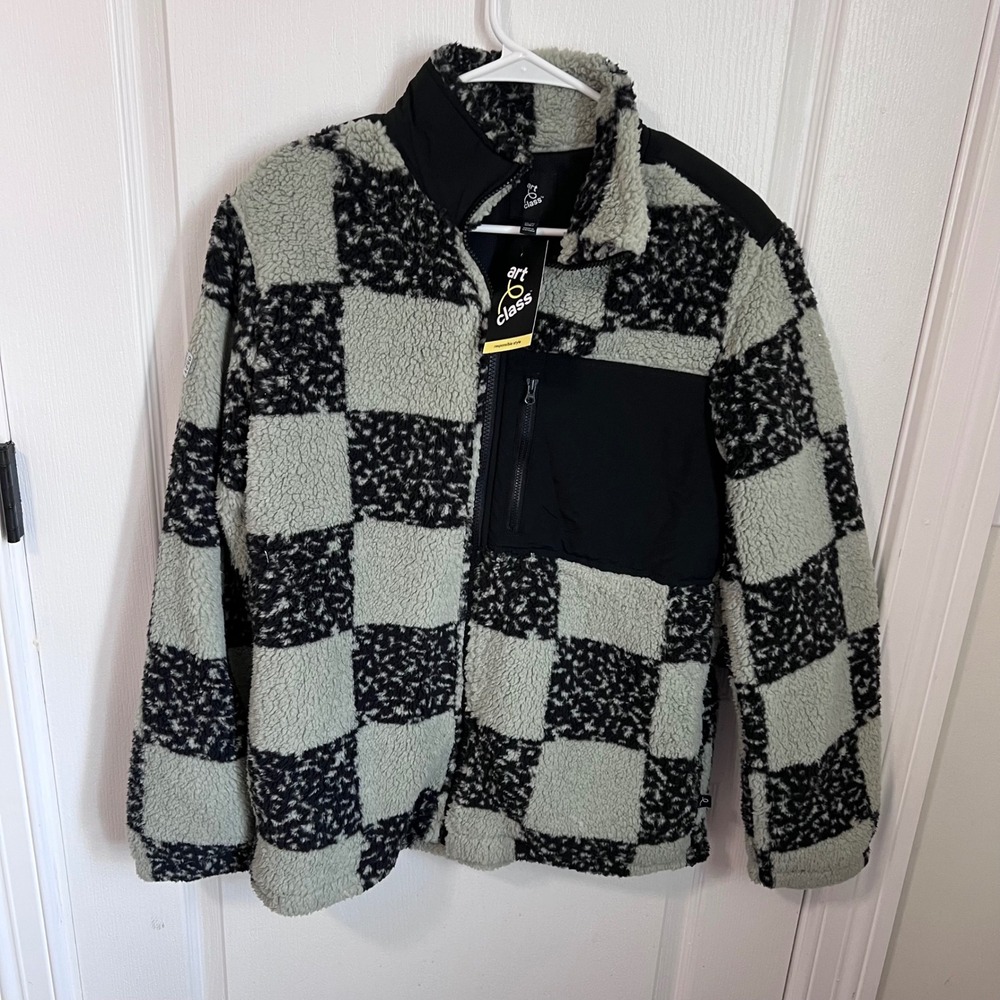 Art Class Boys XXL 18 Husky Sherpa Fleece Jacket Sage Green Black Checkered New